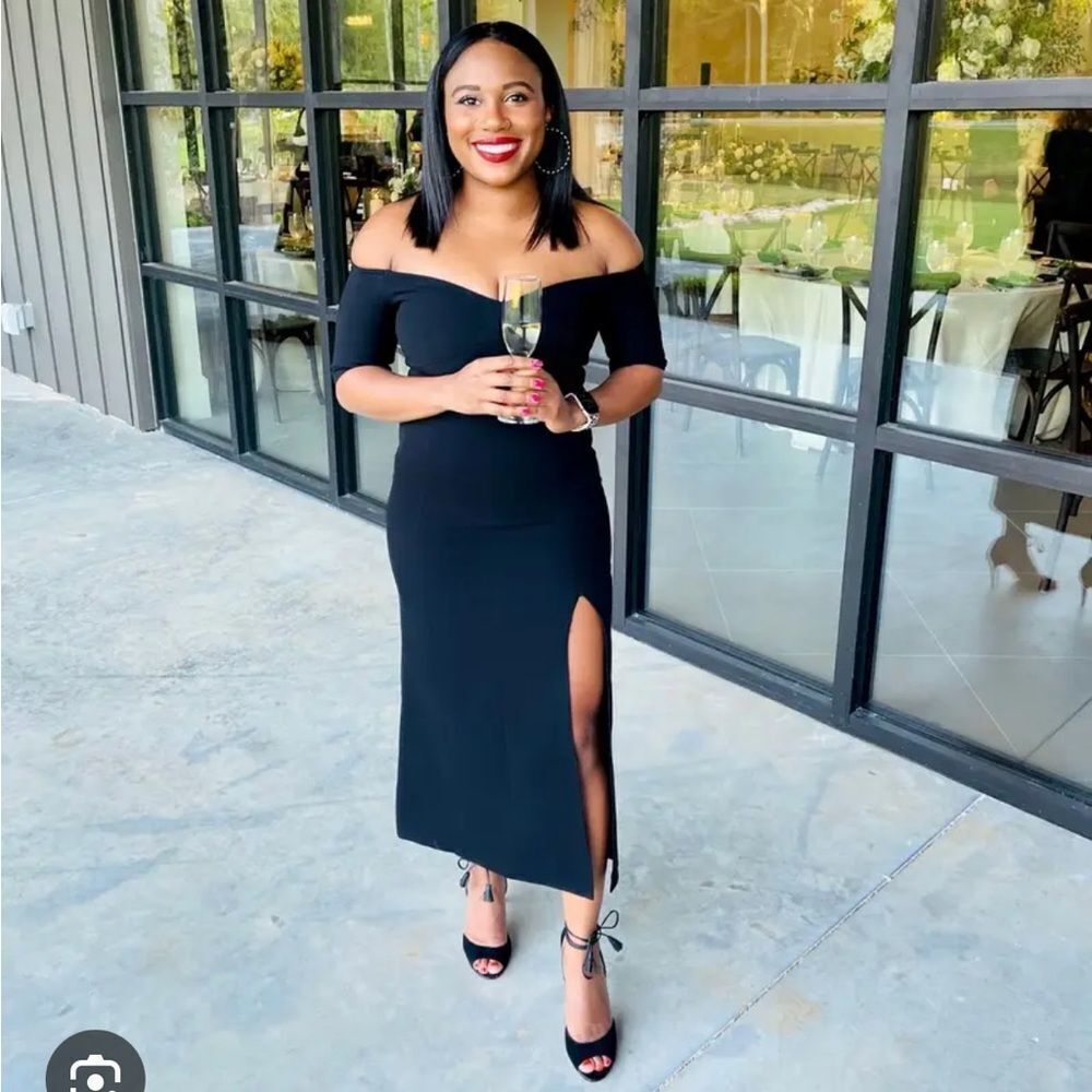 Jill Stuart Marisol off shoulder black midi high slit dress 2 - Picture 2 of 8